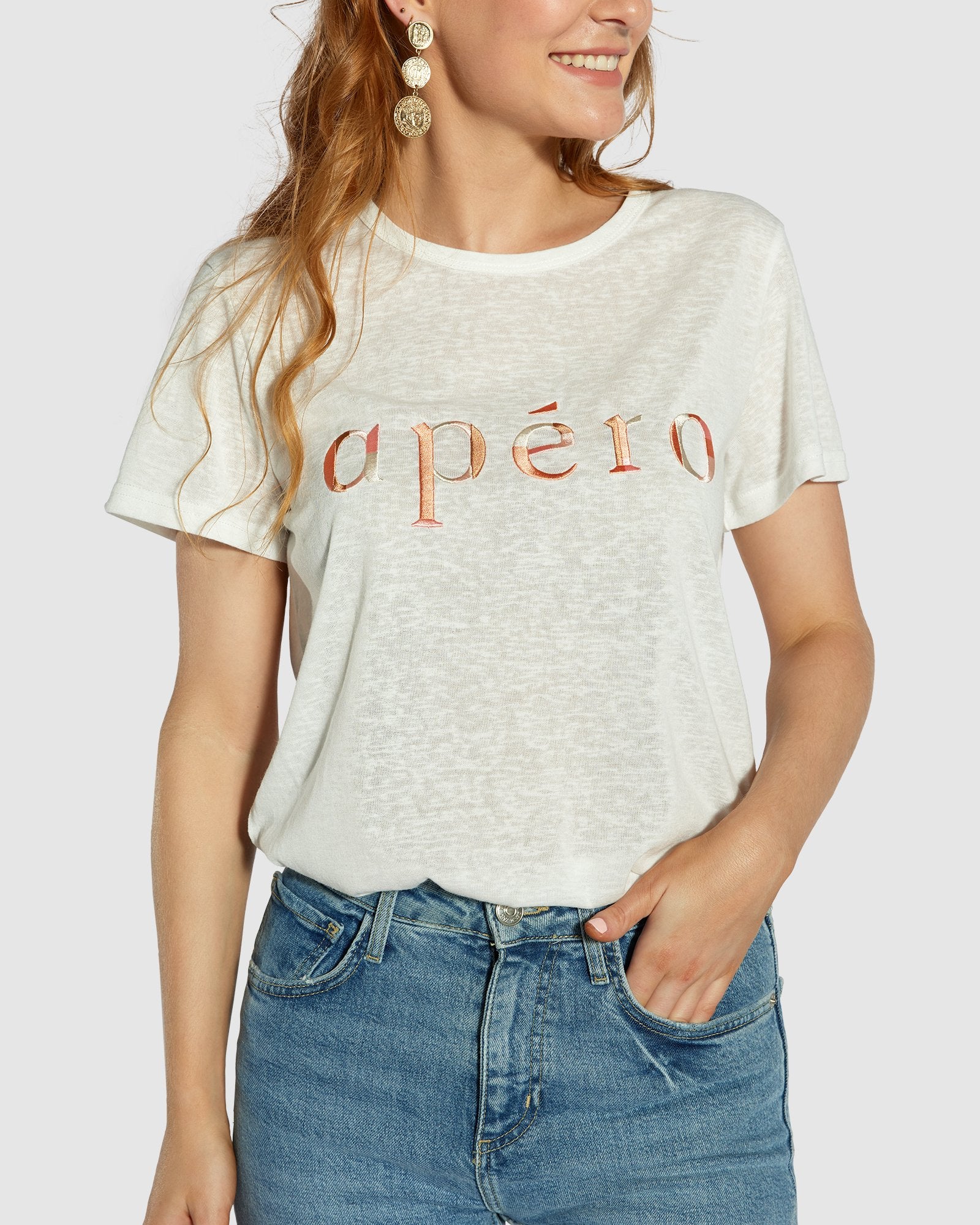 Apero Marble Emroided Femme Tee in White/Multi