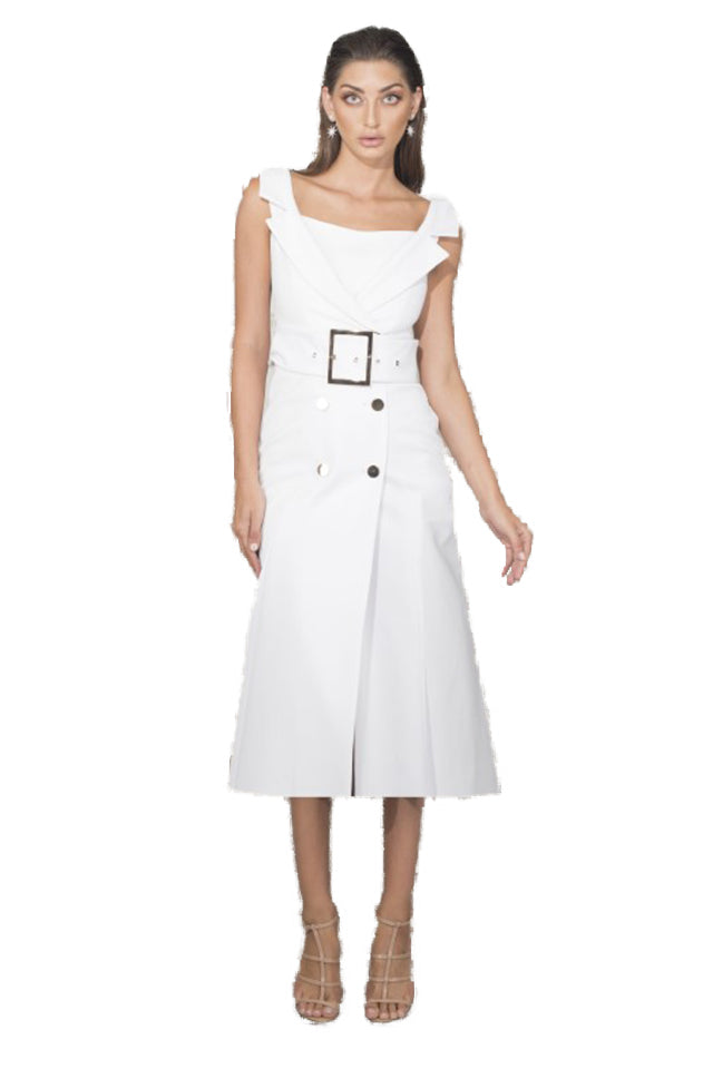 Chriselle Secret Memory Tuxedo Midi Dress in White